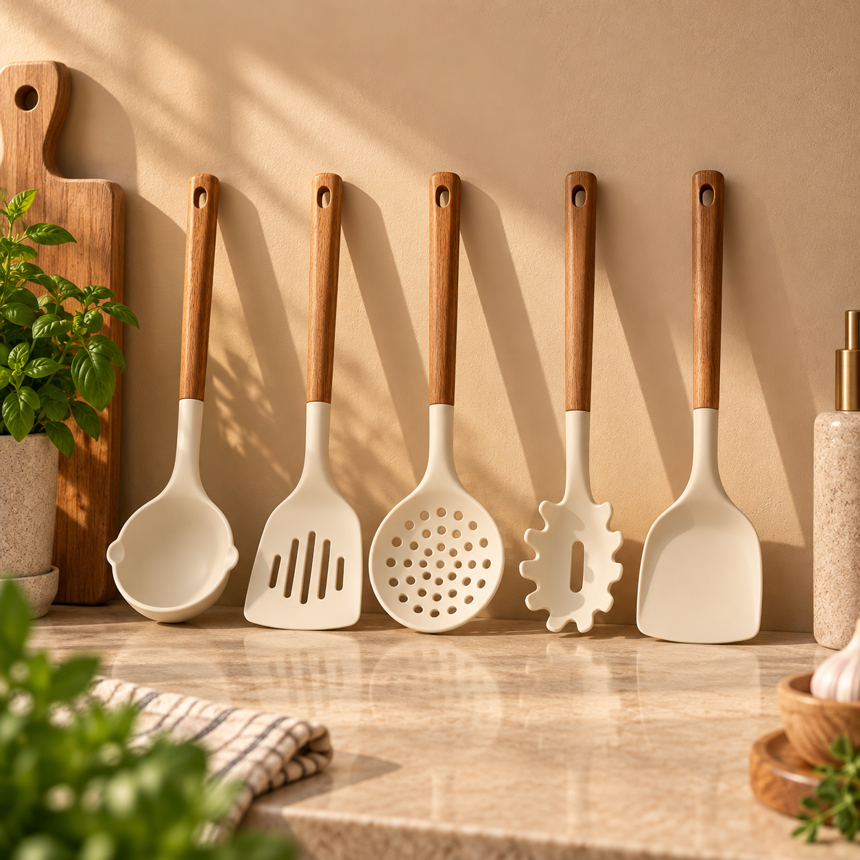 Silikon-Küchenhelfer-Set mit Holzgriffen: 5-teilig – Kitio