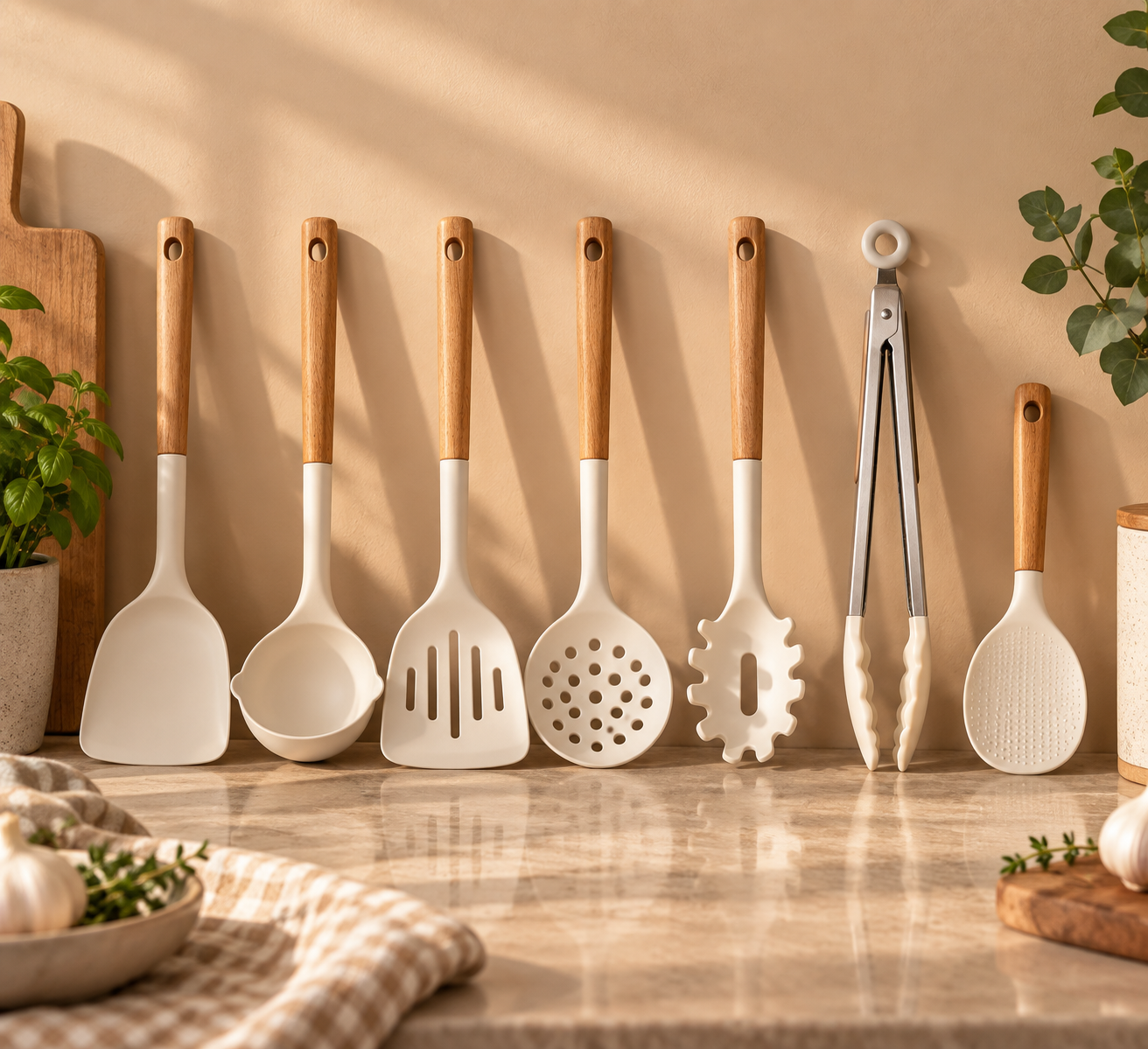 Küchenutensilien-Set aus Silikon mit Holzgriffen: 7-teilig – Kitio