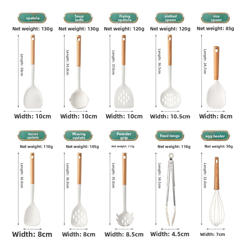 Silicone Cooking Utensil Set With Wooden Handle: Deluxe 10 pcs