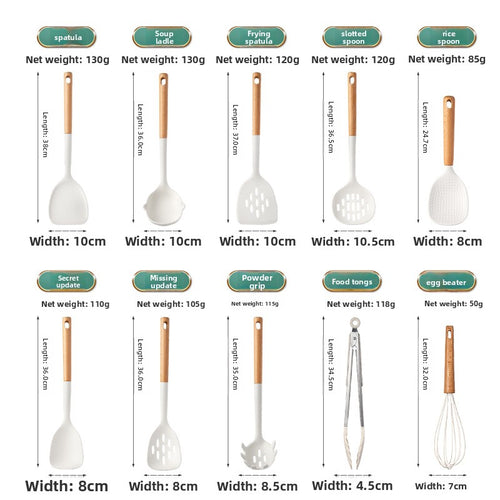 Silicone Cooking Utensil Set With Wooden Handle: Deluxe 10 pcs