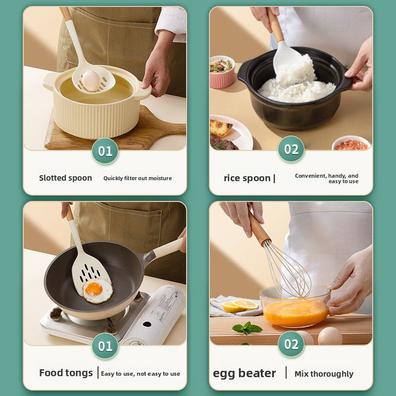 Silicone Cooking Utensil Set With Wooden Handle: Rice Spoon 4pcs