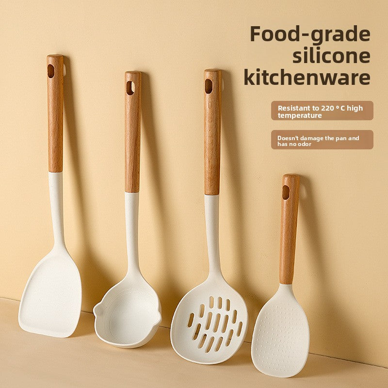 Silicone Cooking Utensil Set With Wooden Handle: Rice Spoon 4pcs