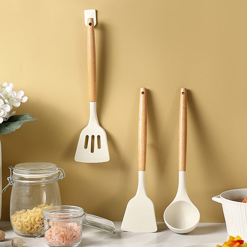 Kitio-store silicone kitchen utensil set with wooden handles, includes 3 cooking tools, perfect for non-stick cookware.