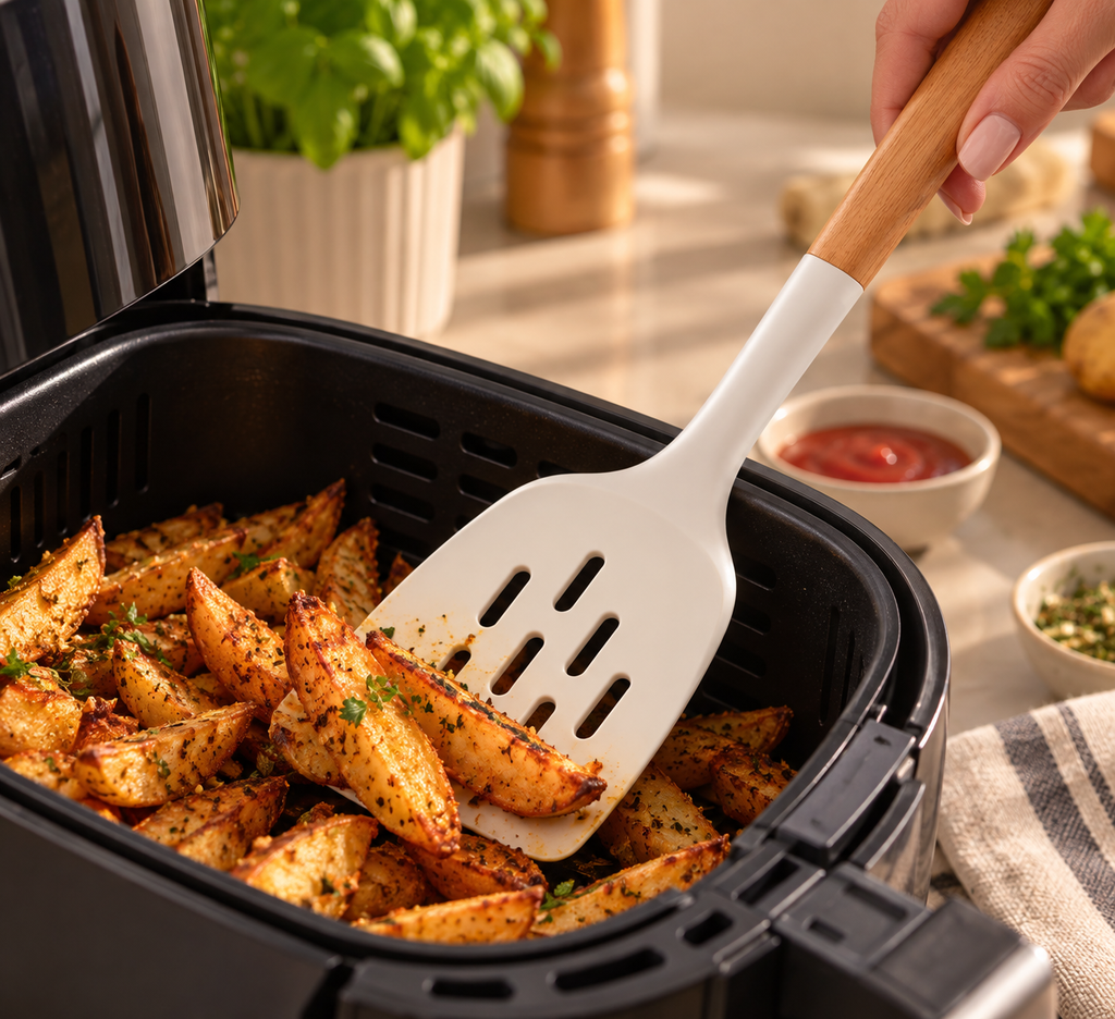 White silicone cooking fry spatula with a wooden handle from Kitio-store, showing the spatula's flexible silicone head and ergonomic grip.