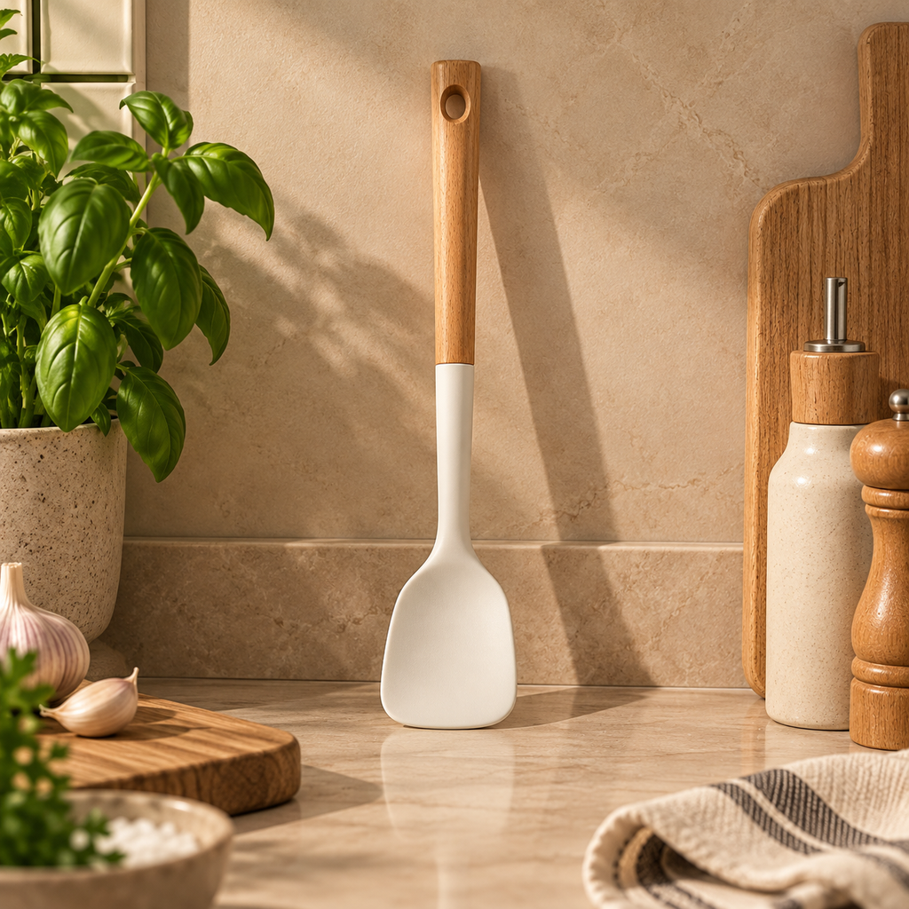 White silicone solid cooking spoon with wooden handle, ideal for non-stick cookware from Kitio-store