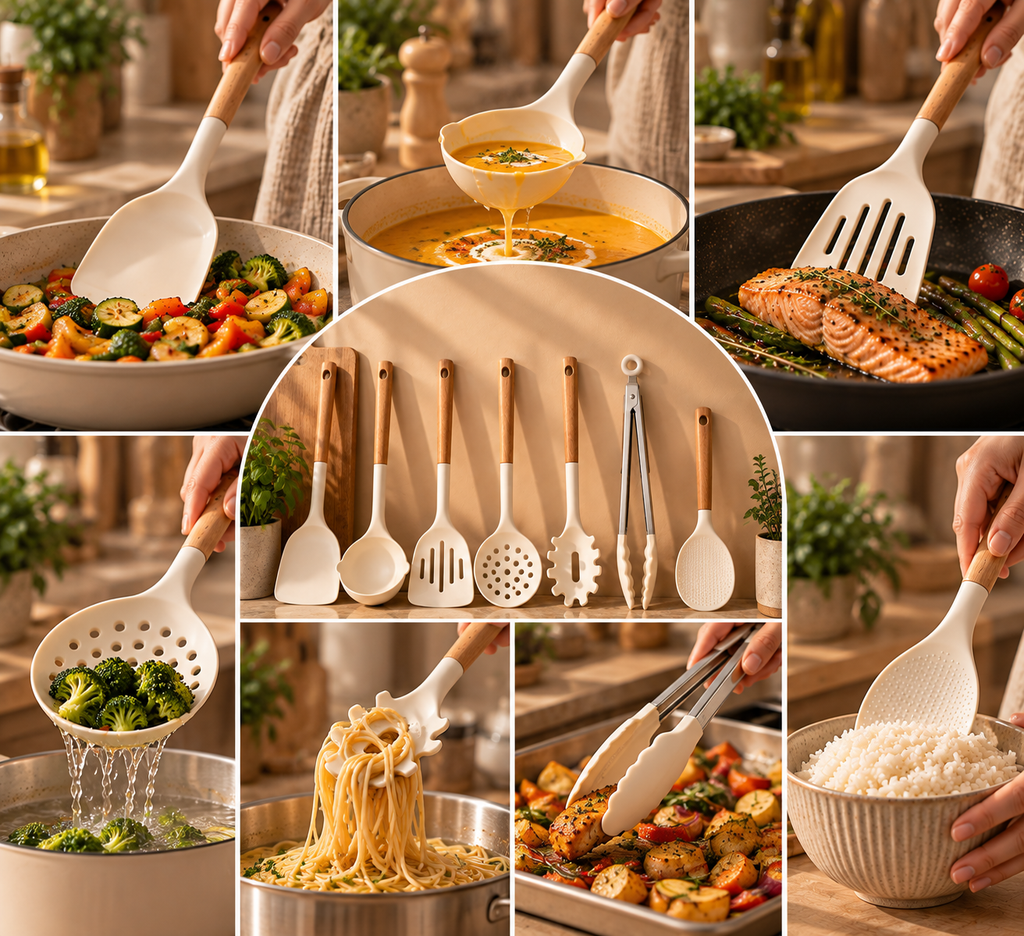 Kitio-store silicone cooking utensil set with wooden handles, includes 7 versatile kitchen tools for baking and cooking.