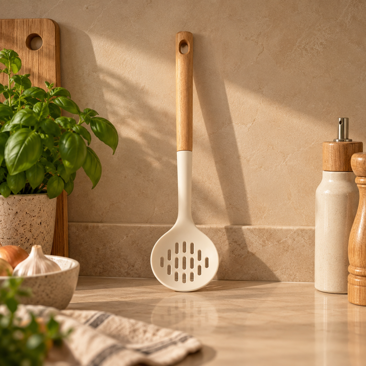 White Silicone Slotted Spoon With Wooden Handle