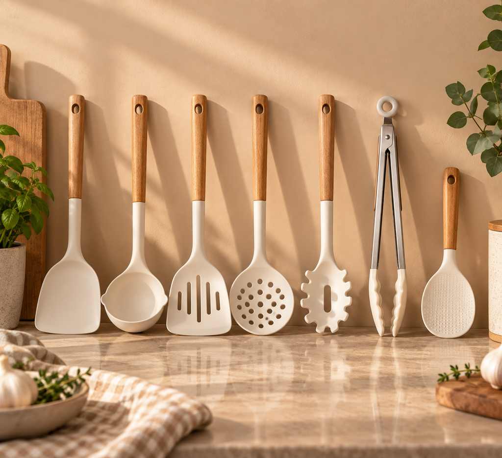 Kitio-store silicone cooking utensil set with wooden handles, includes 7 versatile utensils for kitchen baking and cooking.