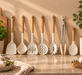 Kitio-store silicone cooking utensil set with wooden handles, includes 7 versatile utensils for kitchen baking and cooking.