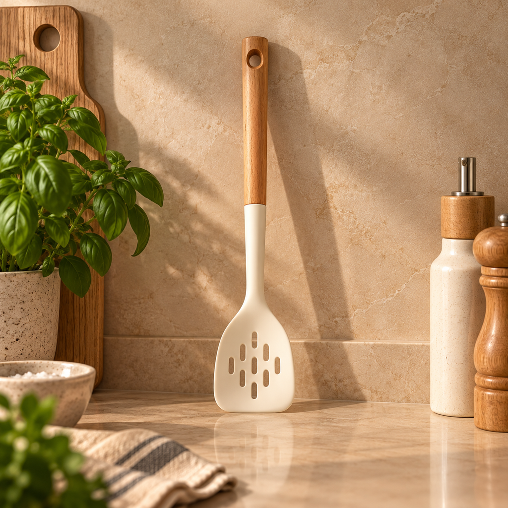 White Silicone Perforated Spoon With Wooden Handle
