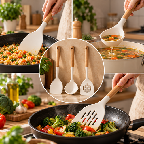 Kitio-store silicone cooking utensil set includes three flexible spatulas and spoons for non-stick cookware.