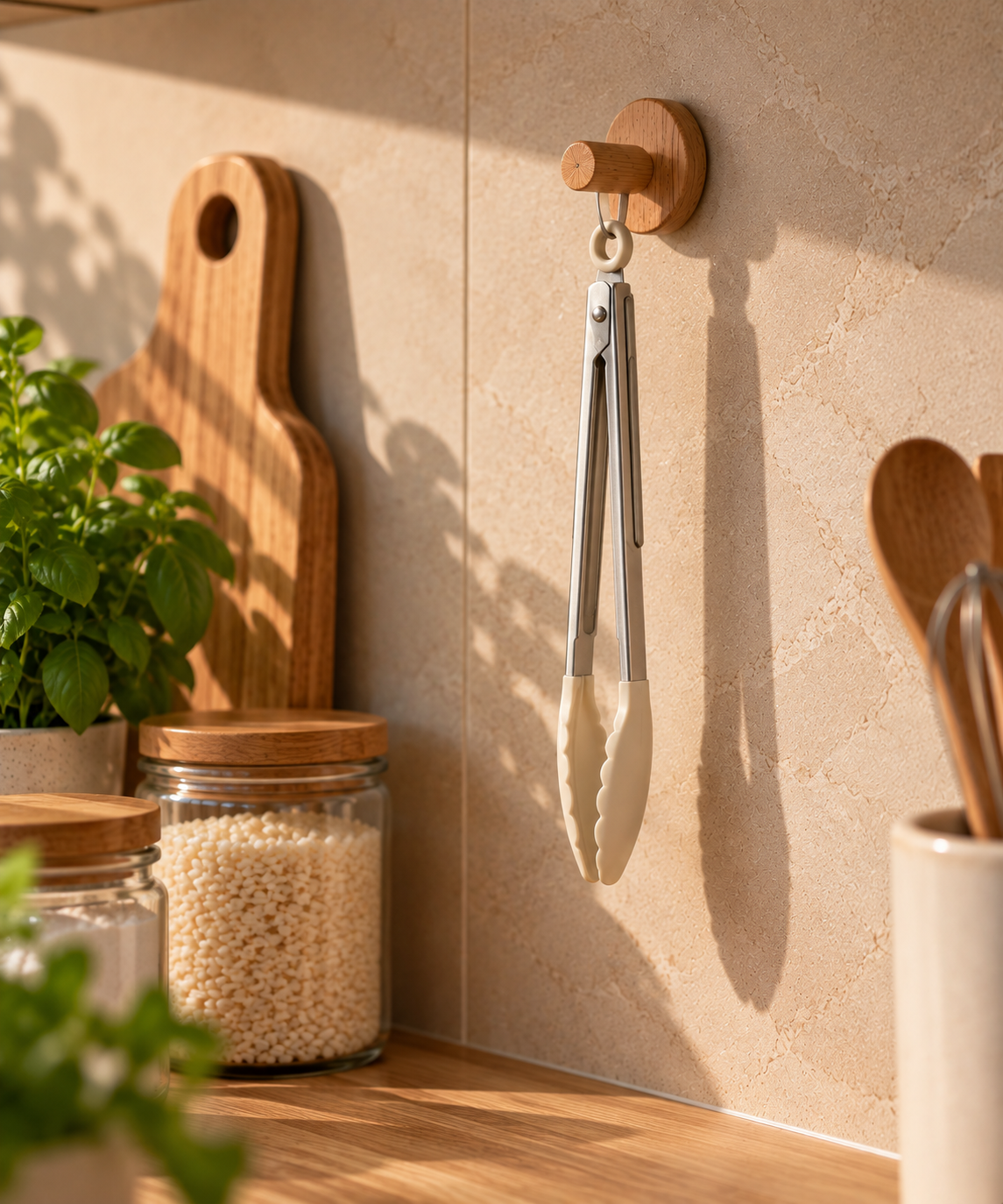 White Silicone Food Tong With Wooden Handle
