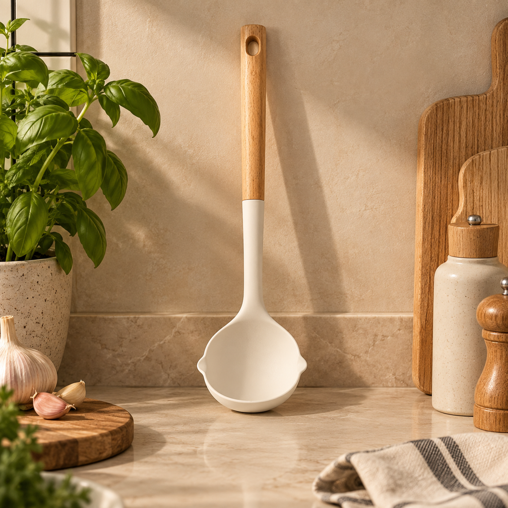 White Silicone Soup Ladle With Wooden Handle