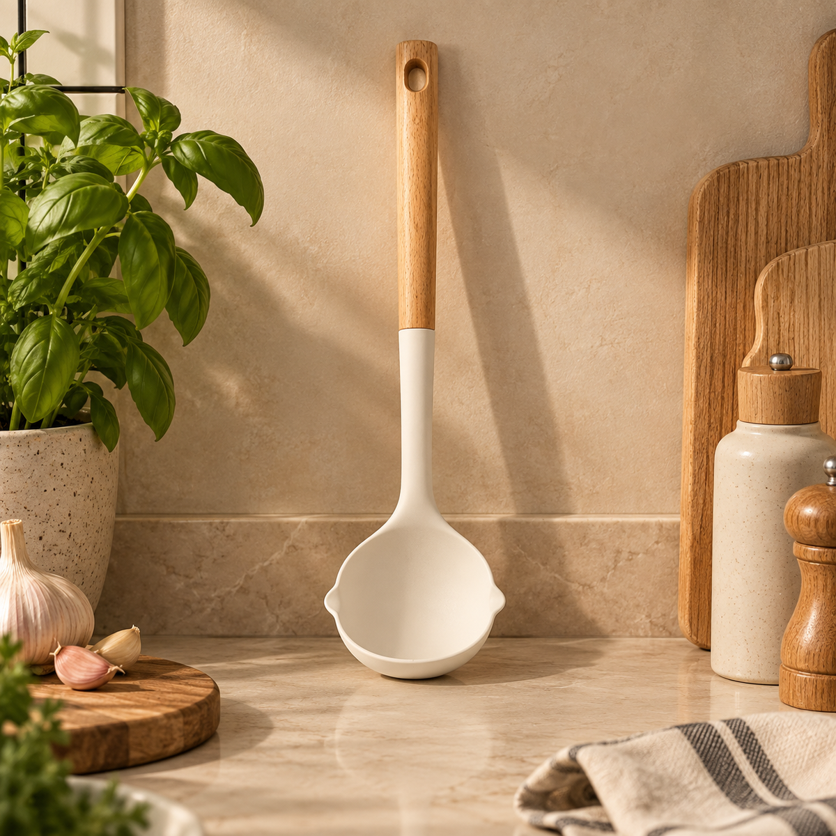 White Silicone Soup Ladle With Wooden Handle