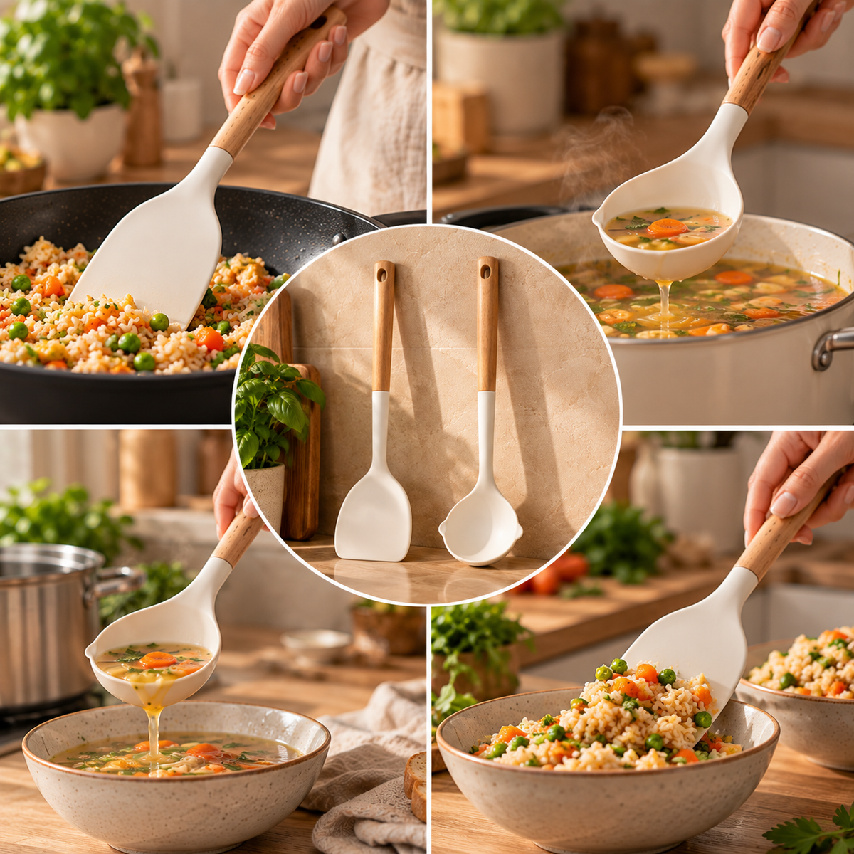 Silicone Cooking Utensil Set With Wooden Handle: 2pcs