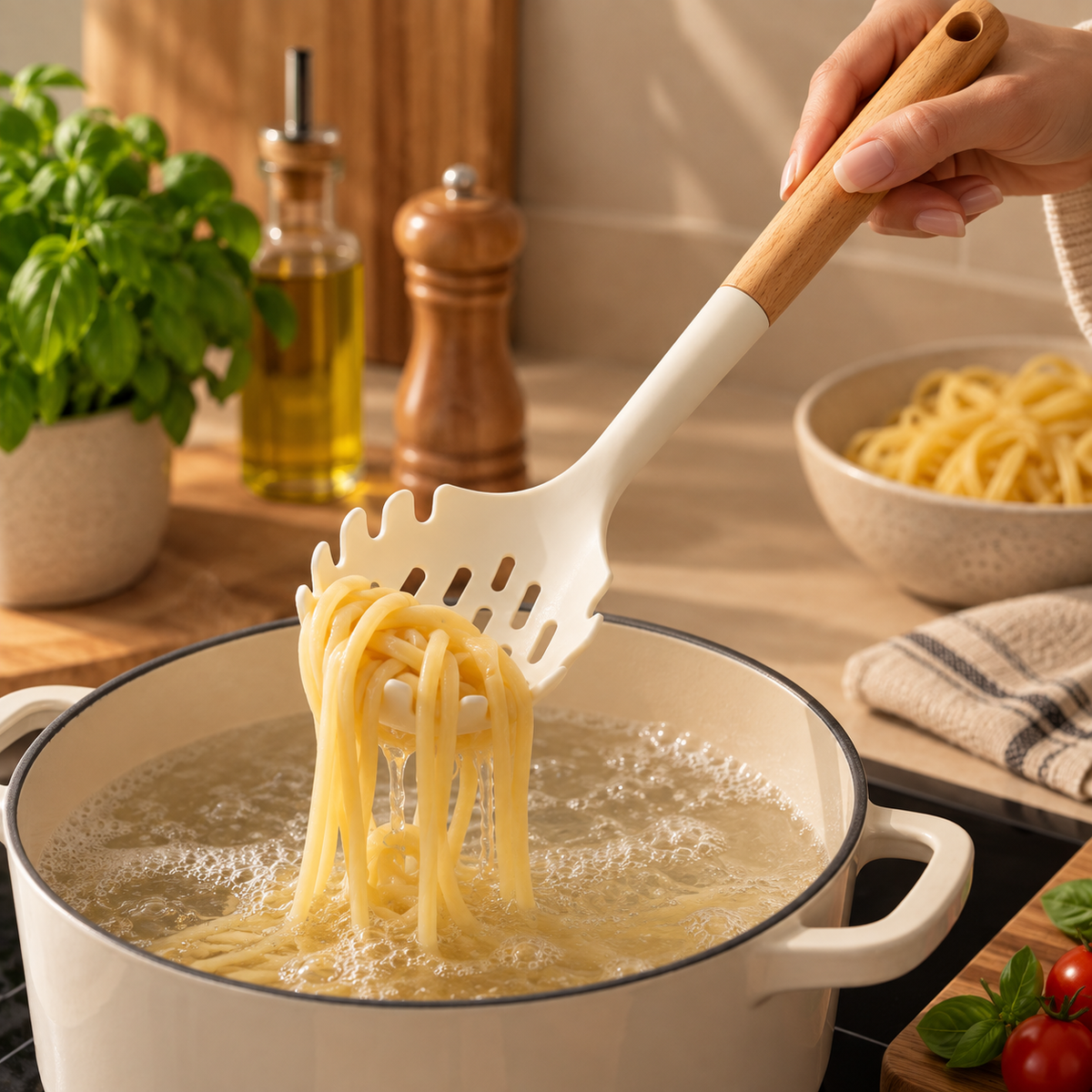 White Silicone Noodle Skimmer With Wooden Handle
