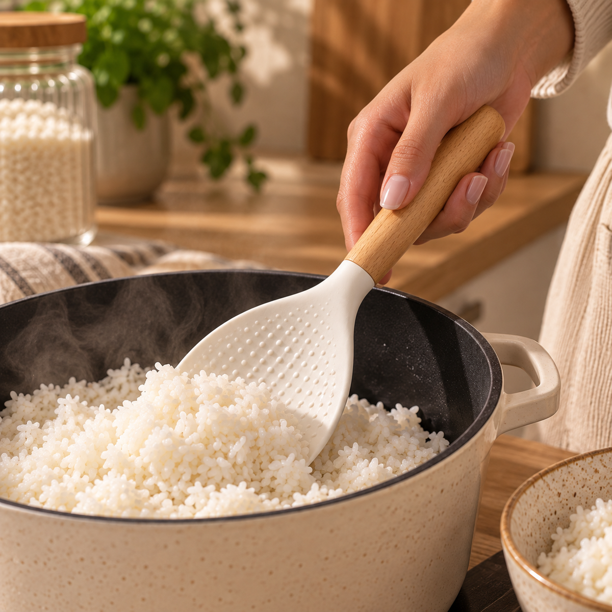 White Silicone Rice Spoon With Wooden Handle