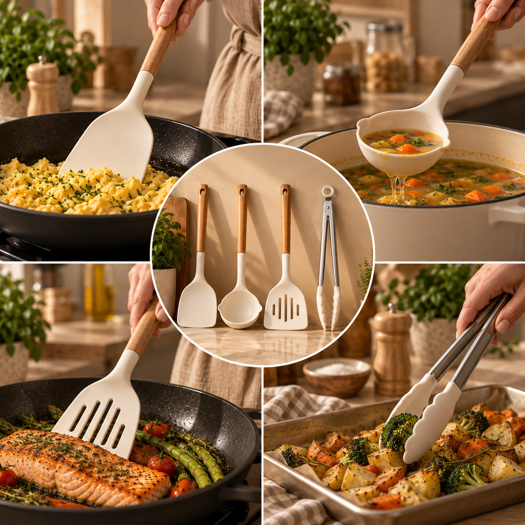 Silicone Cooking Utensil Set With Wooden Handle: Food Tongs 4pcs
