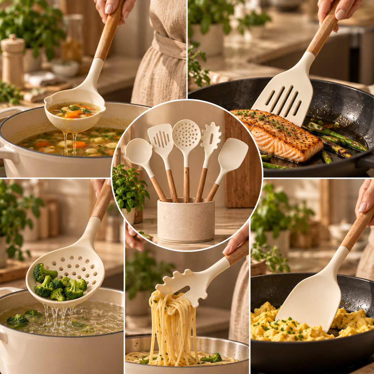 Silicone Cooking Utensil Set With Wooden Handle: Home 5pcs