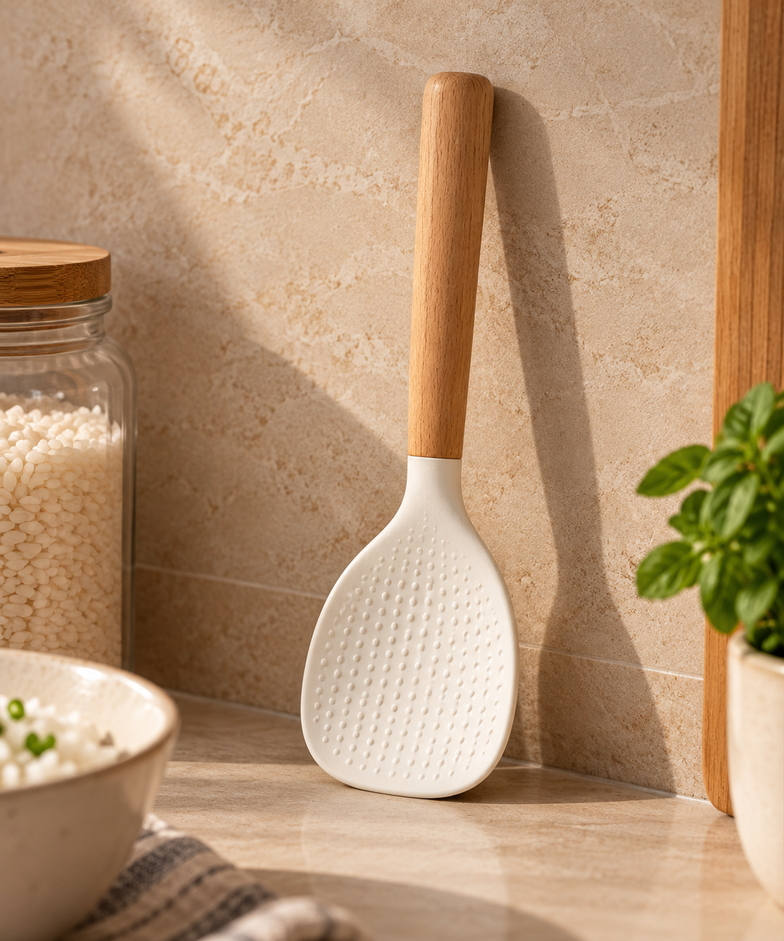 White Silicone Rice Spoon With Wooden Handle