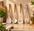 Silicone Cooking Utensil Set With Wooden Handle: Food Tongs 4pcs