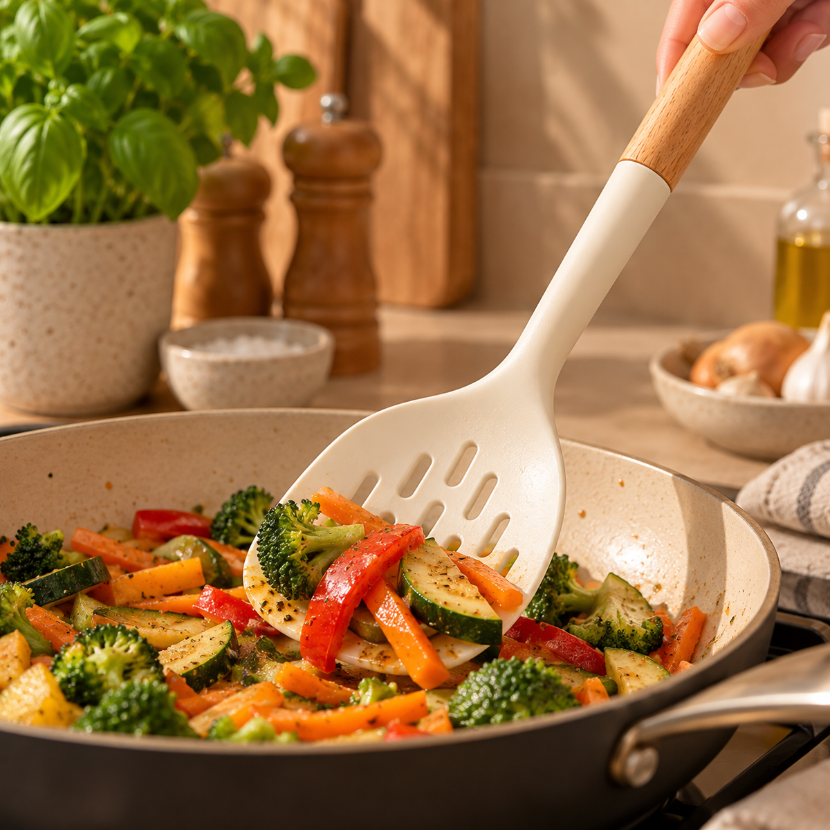 White Silicone Perforated Spoon With Wooden Handle