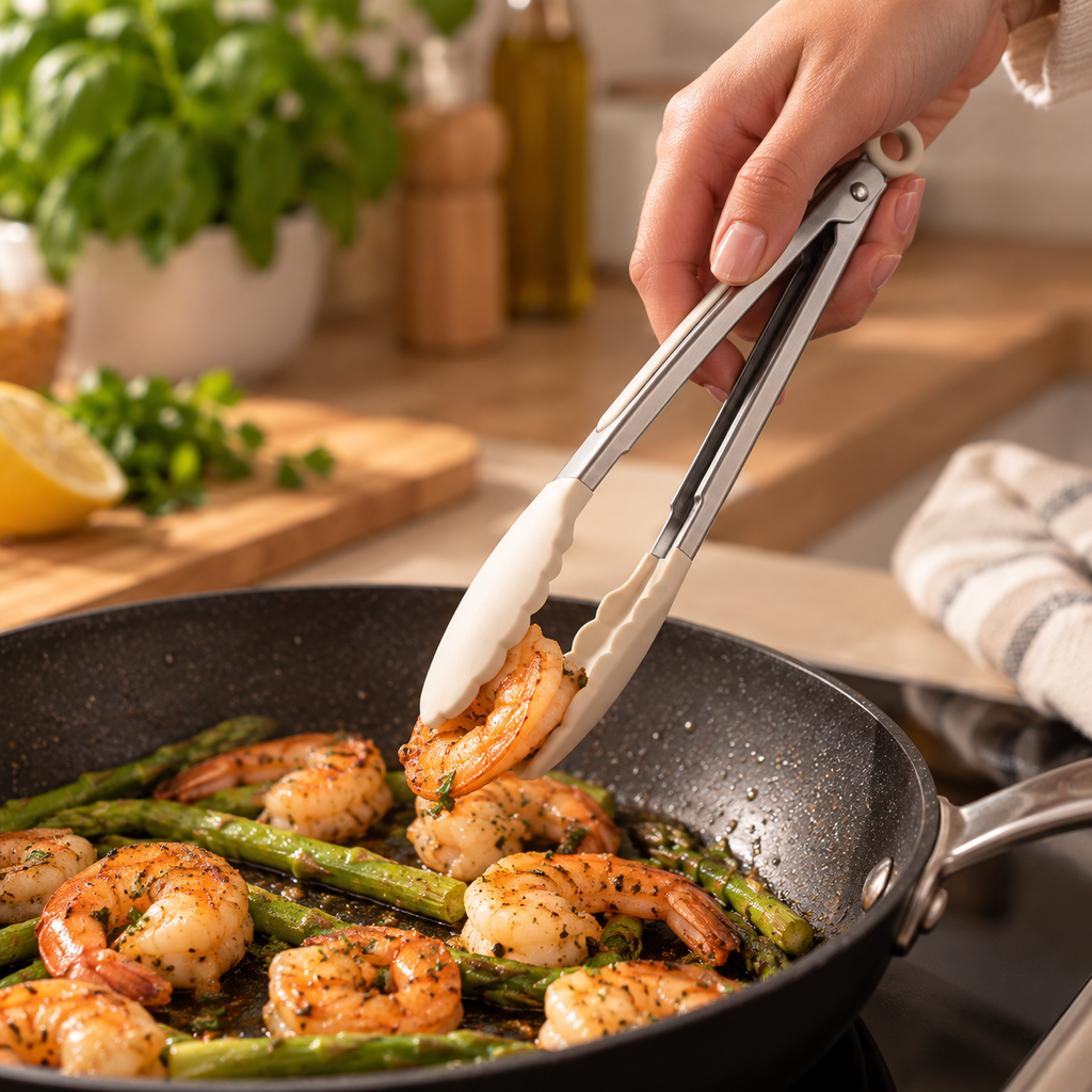 White silicone food tong with wooden handle, ideal for cooking and serving, from Kitio-store, showing the tong's design and materials.